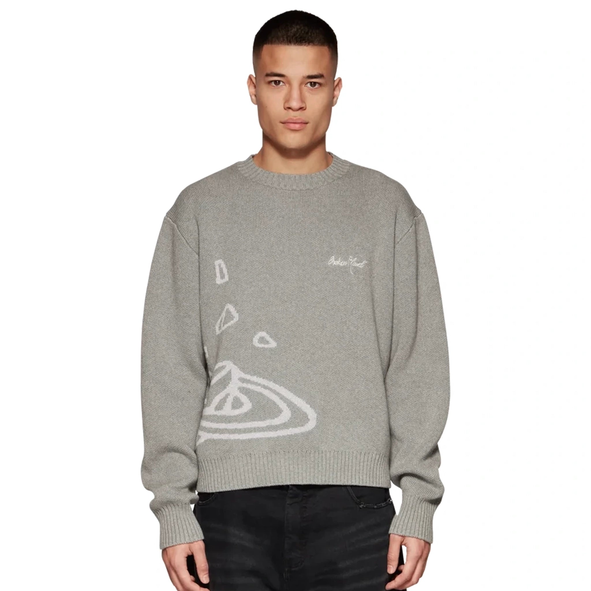 Model front view of Broken Planet Heather Grey Planet Knit Sweatshirt BP-KT-SW-H_GRAY